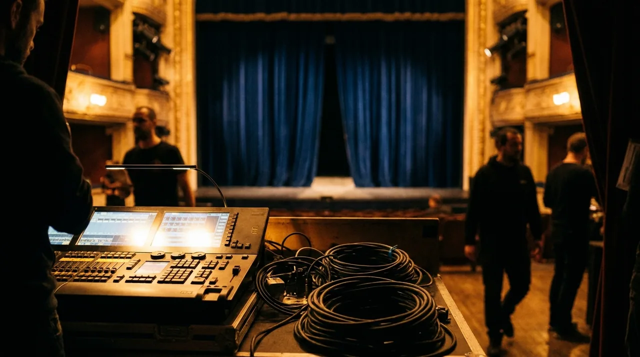Coulisses d'une salle de spectacle française, pupitre lumière et rideau, lumière chaude de fin de représentation