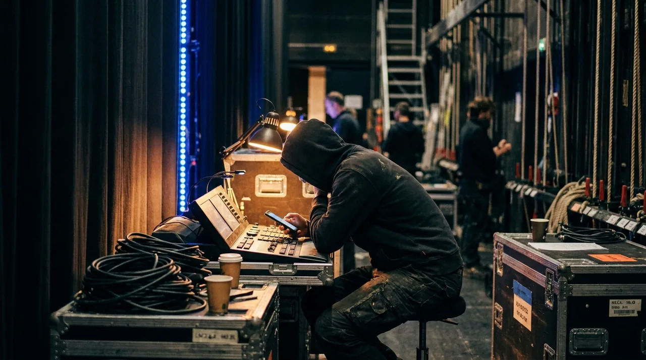 Technicien du spectacle vivant consultant son téléphone dans les coulisses d'une salle, régie lumière en arrière-plan