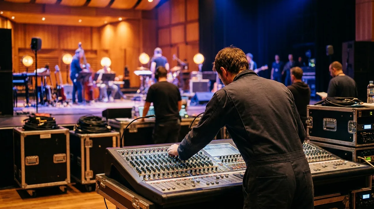 Technicien du son manipulant une console de mixage lors d'une formation technique
