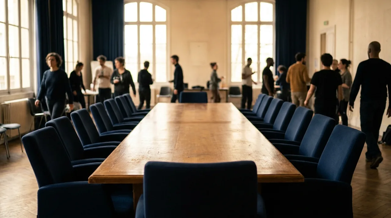 Table de réunion vide avec deux rangées de chaises se faisant face, symbole d'un vote bloqué
