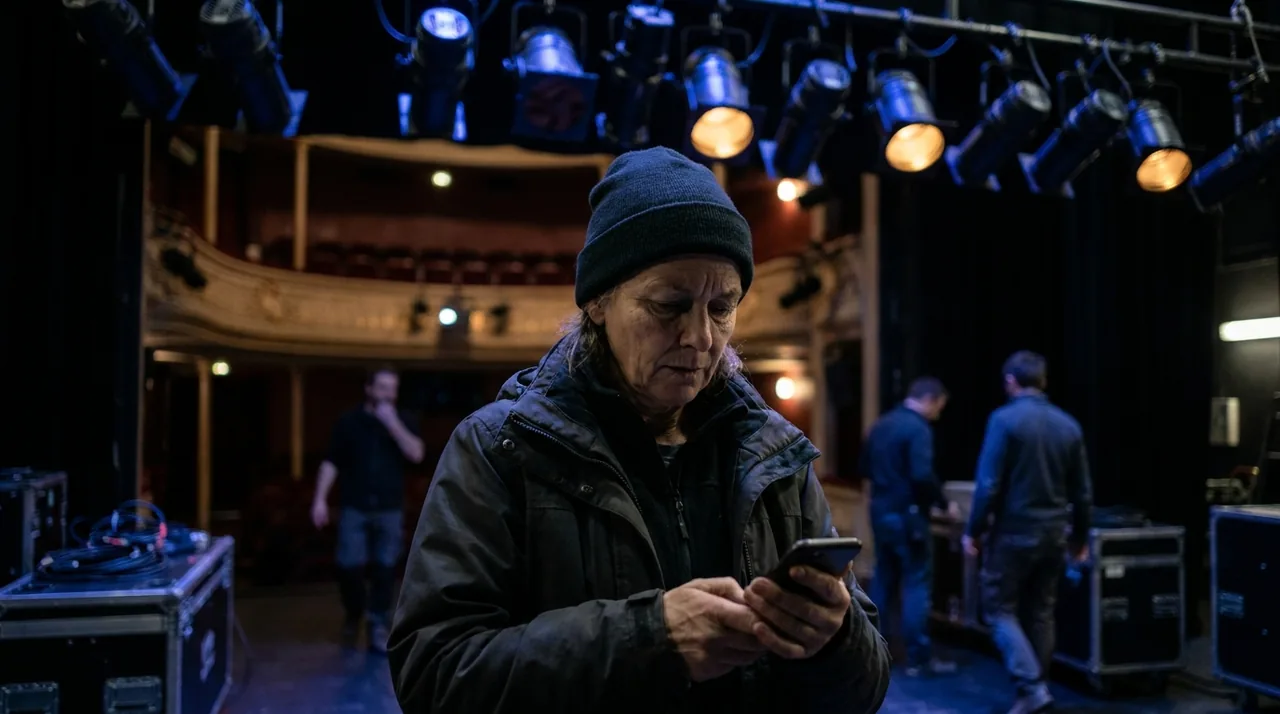 Technicien du spectacle en coulisses, éclairage de scène en arrière-plan, ambiance tamisée