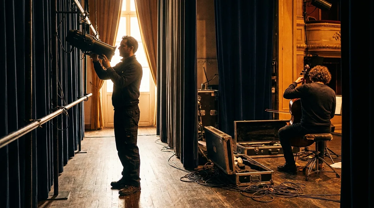 Coulisses d'une salle de spectacle française, un technicien règle un projecteur pendant qu'un musicien accorde son instrument sur scène