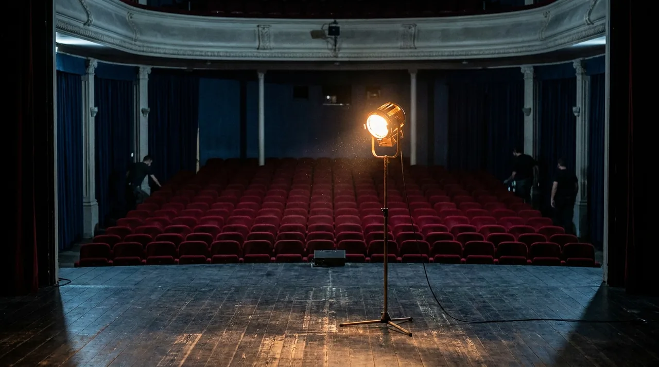 Une salle de spectacle vide et faiblement éclairée avant un montage, sièges rouges et scène nue, atmosphère suspendue
