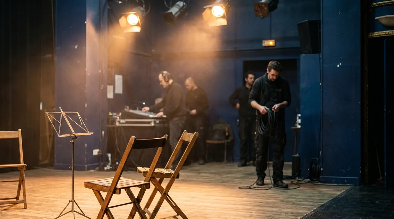 Coulisses d'une salle de spectacle vide, projecteurs allumés sur une scène en bois, ambiance de fin de répétition