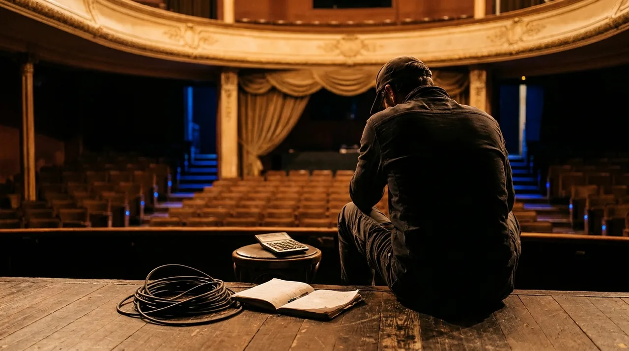 Musicien assis dans une salle de répétition faiblement éclairée, feuillets et calculatrice posés à côté de son instrument