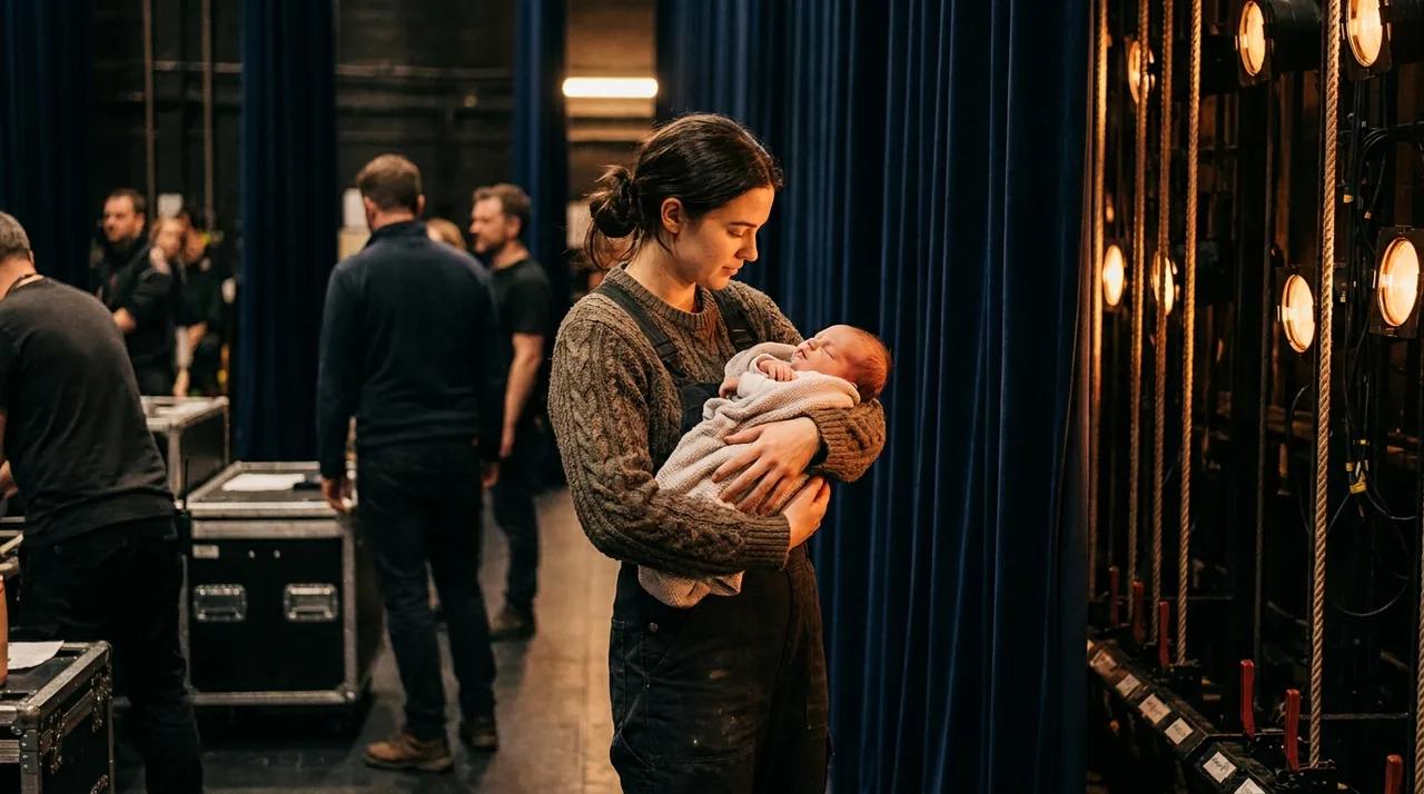 Jeune parent intermittent du spectacle tenant son nouveau-né en coulisses, près des rideaux de scène