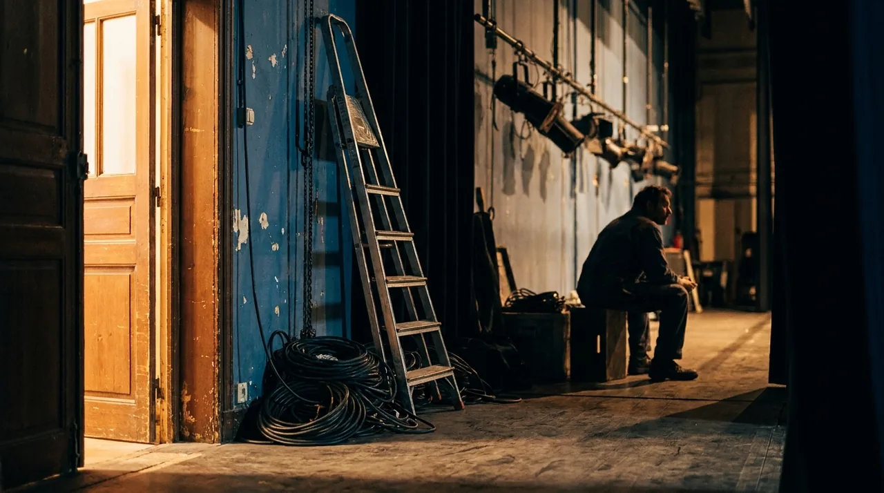 Coulisses d'une salle de spectacle vide en fin de journée, projecteurs éteints, lumière naturelle douce