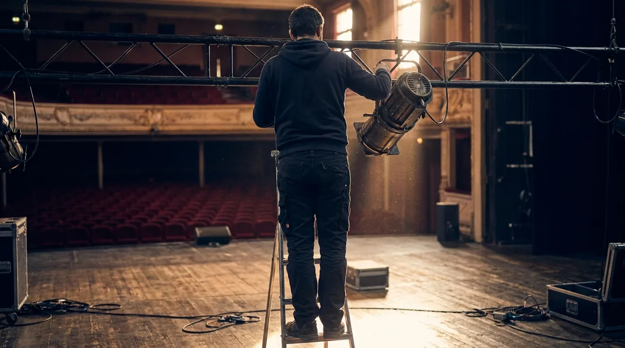 Régisseur lumière réglant un projecteur sur un plateau de théâtre vide, lumière chaude de fin de répétition