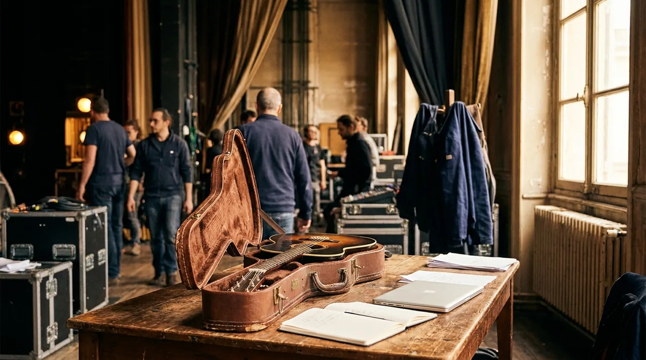 Un musicien range son instrument dans une loge de théâtre, tenue de scène et carnet de comptes posés côte à côte