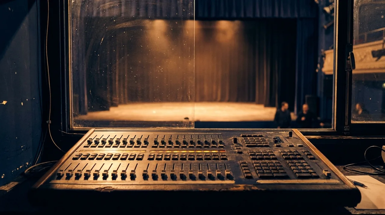 Régie technique d'un théâtre avec pupitre lumière, plateau éclairé en arrière-plan