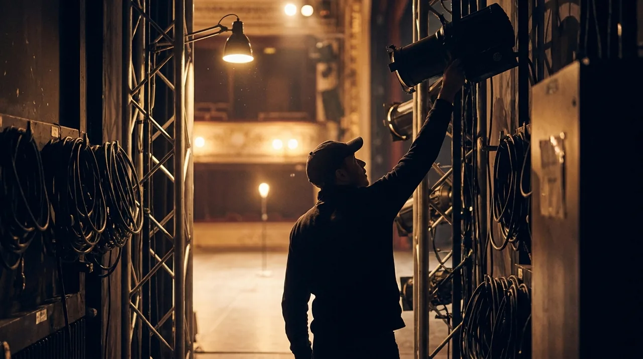 Coulisses d'une salle de spectacle vivant, projecteurs et régie technique en lumière chaude