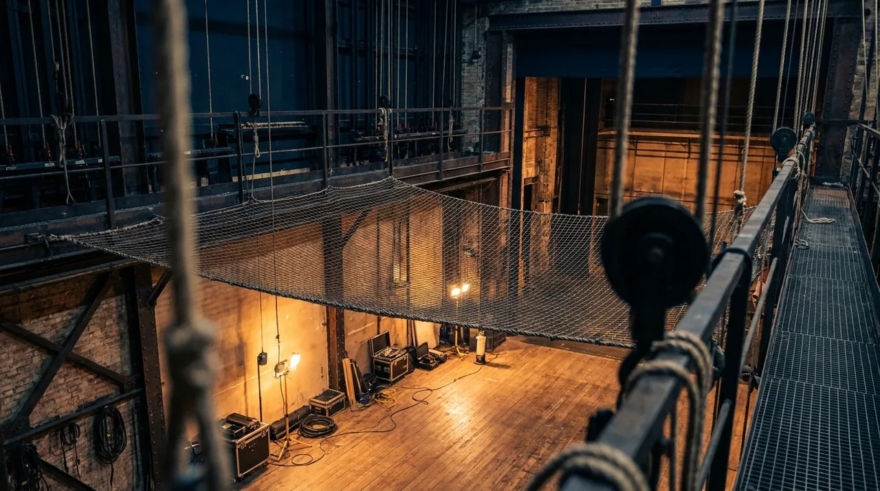Filet de sécurité tendu sous une passerelle technique au-dessus d'un plateau de théâtre vide