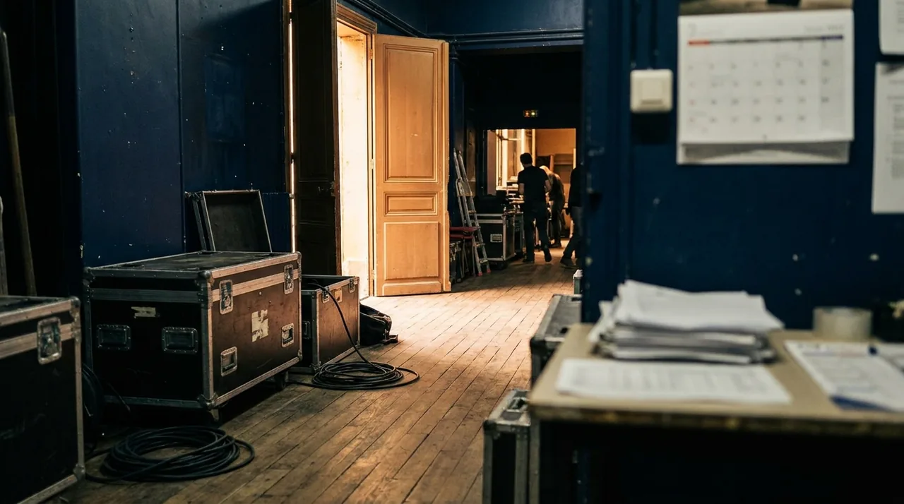 Régie technique d'une salle de spectacle vide en fin de montage, lumière naturelle traversant les coulisses