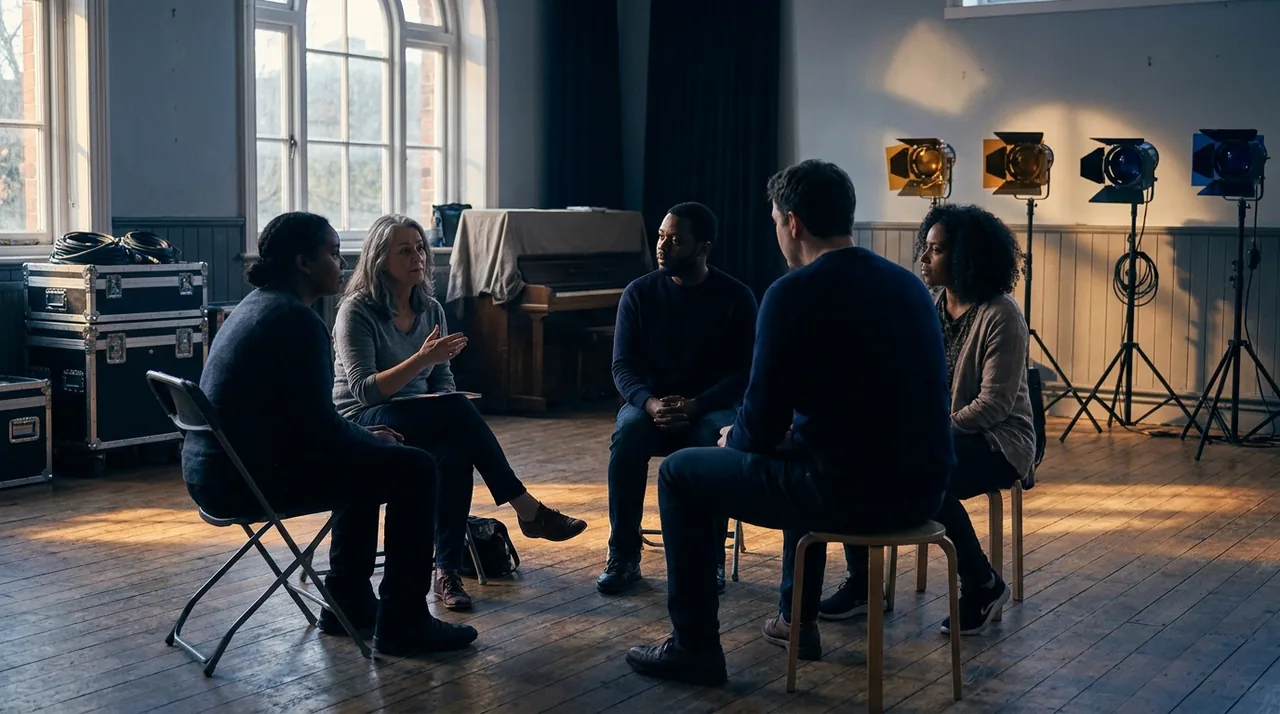 Salle de formation baignée de lumière naturelle avec des artistes et techniciens du spectacle en atelier