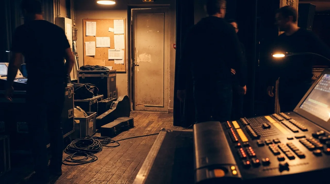 Coulisses d'un théâtre avec pupitre lumière et câbles, ambiance de fin de représentation