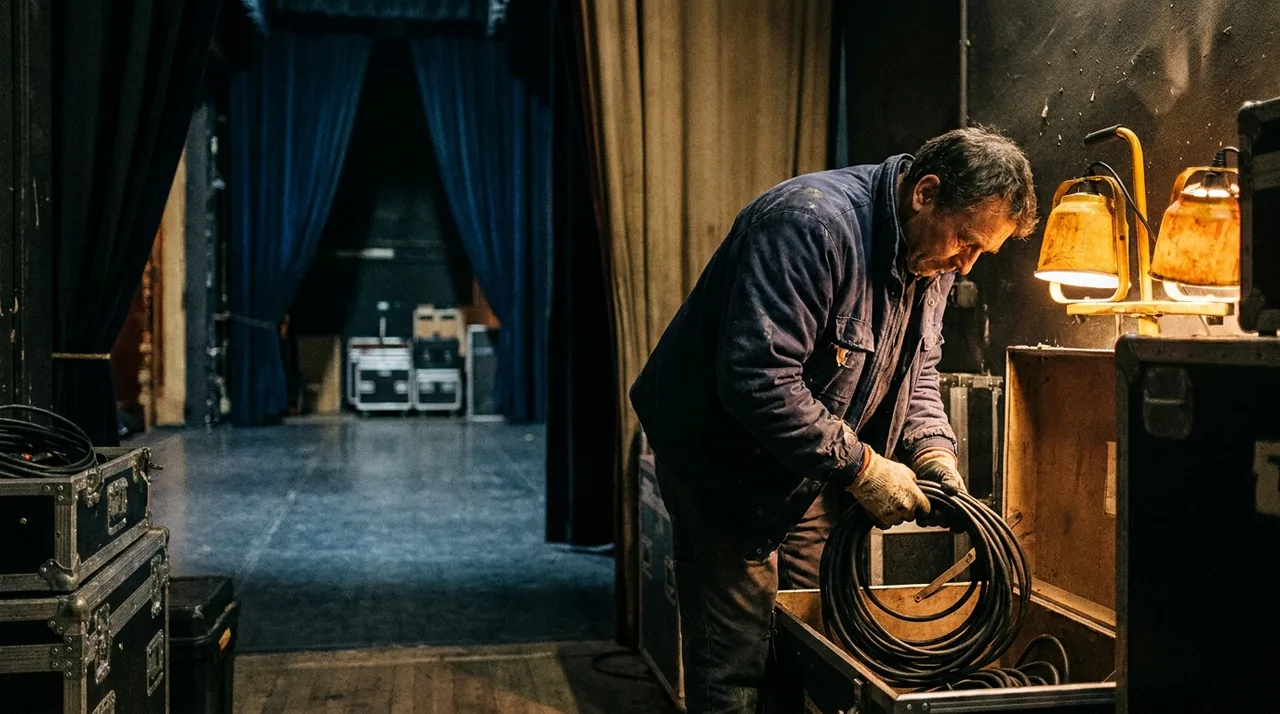 Coulisses d'un théâtre, un technicien range du matériel dans une lumière douce de fin de représentation
