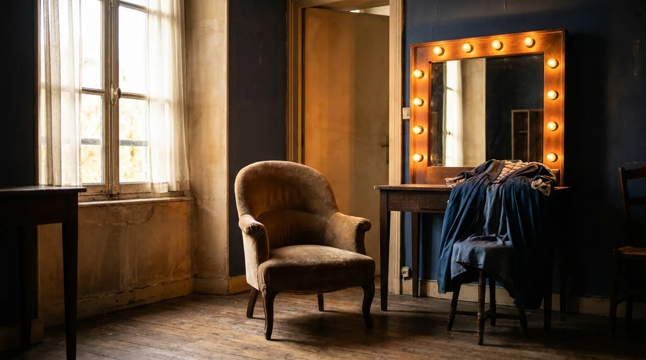 Loge de théâtre française vide, miroir entouré d'ampoules et fauteuil, lumière chaude et calme avant la représentation