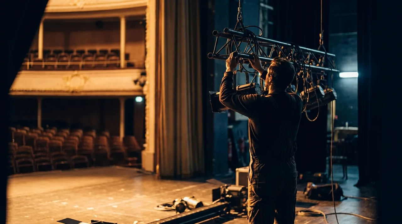 Technicienne du spectacle réglant un projecteur sur un plateau, en fin de journée