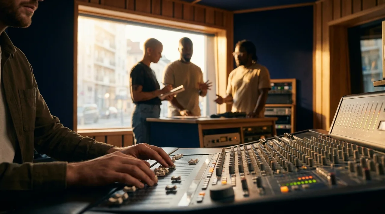 Un intermittent en formation technique dans un studio, mains sur une console de mixage, lumière naturelle de fin d'après-midi